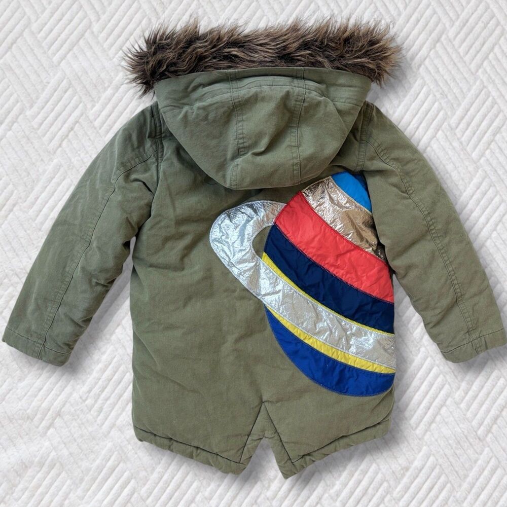 Boden Boys 4-5Y Olive Green Saturn Planet Applique Faux Fur Hooded Parka Coat